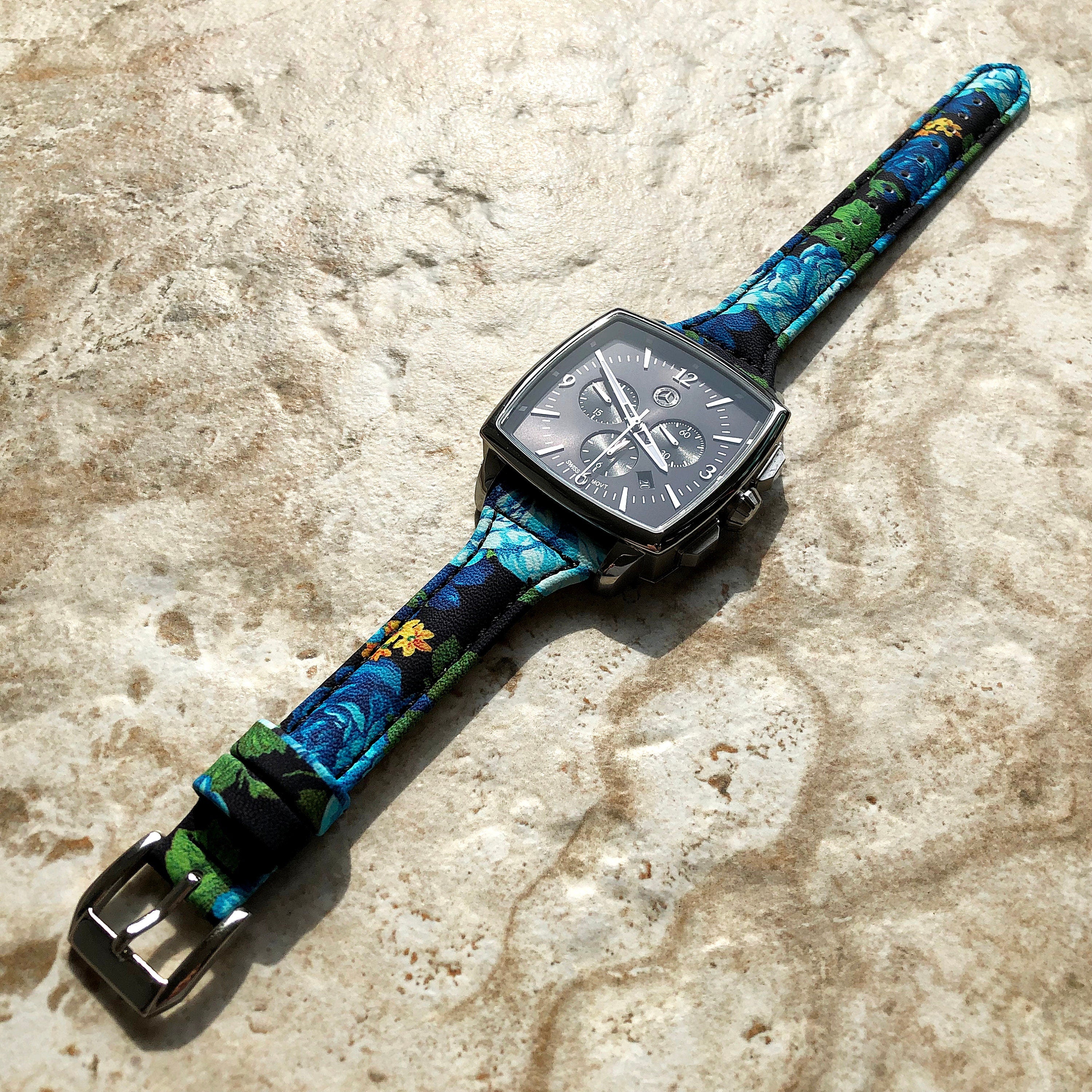 22mm Blue Roses Slim and Elegant Soft Leather Watch Strap Band for Wrist Hand Watches Quick Release Pins Included Easy - Ready to Attach